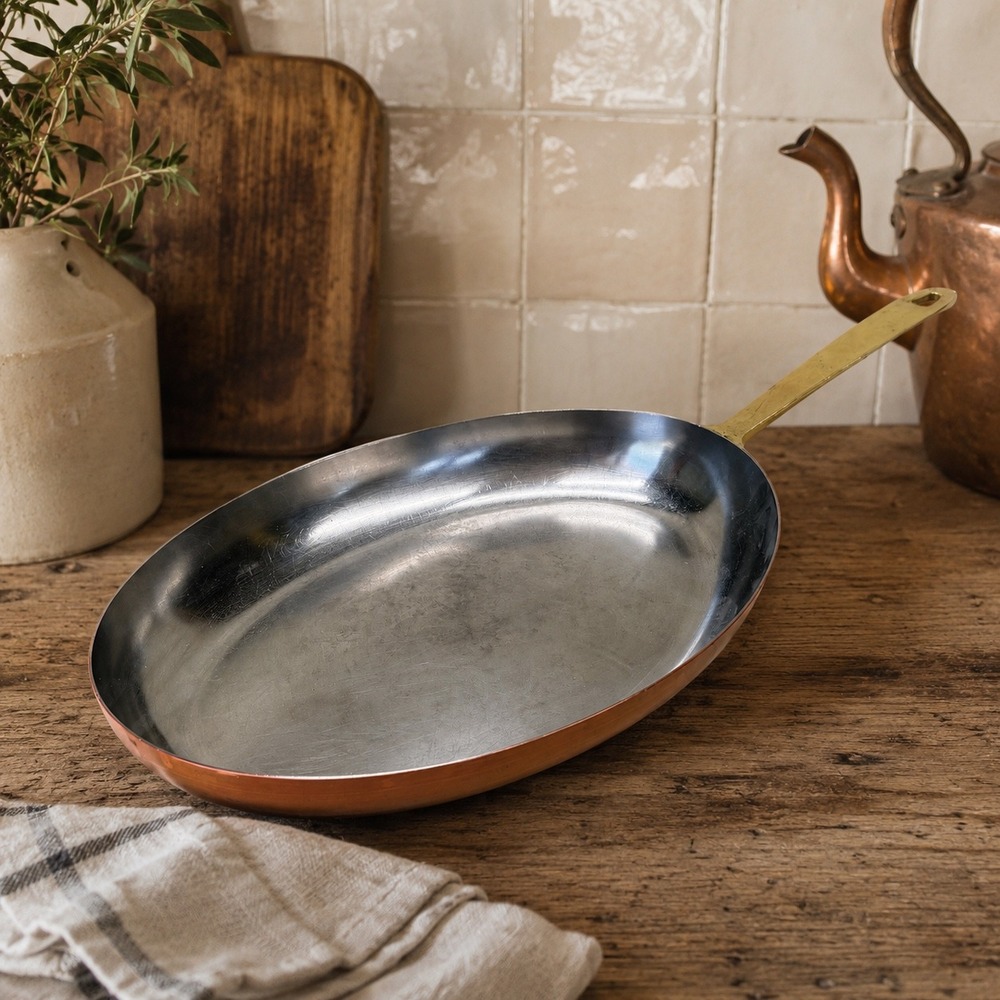 Vintage Paul Revere‎ Copper Fish Skillet Oval Fry Pan Brass Handle Decor